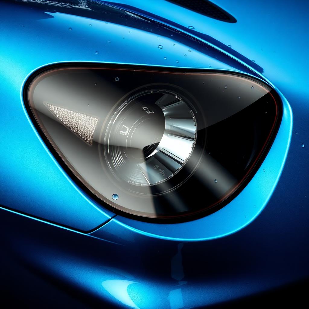 Close-up of glossy detailed headlight and hood