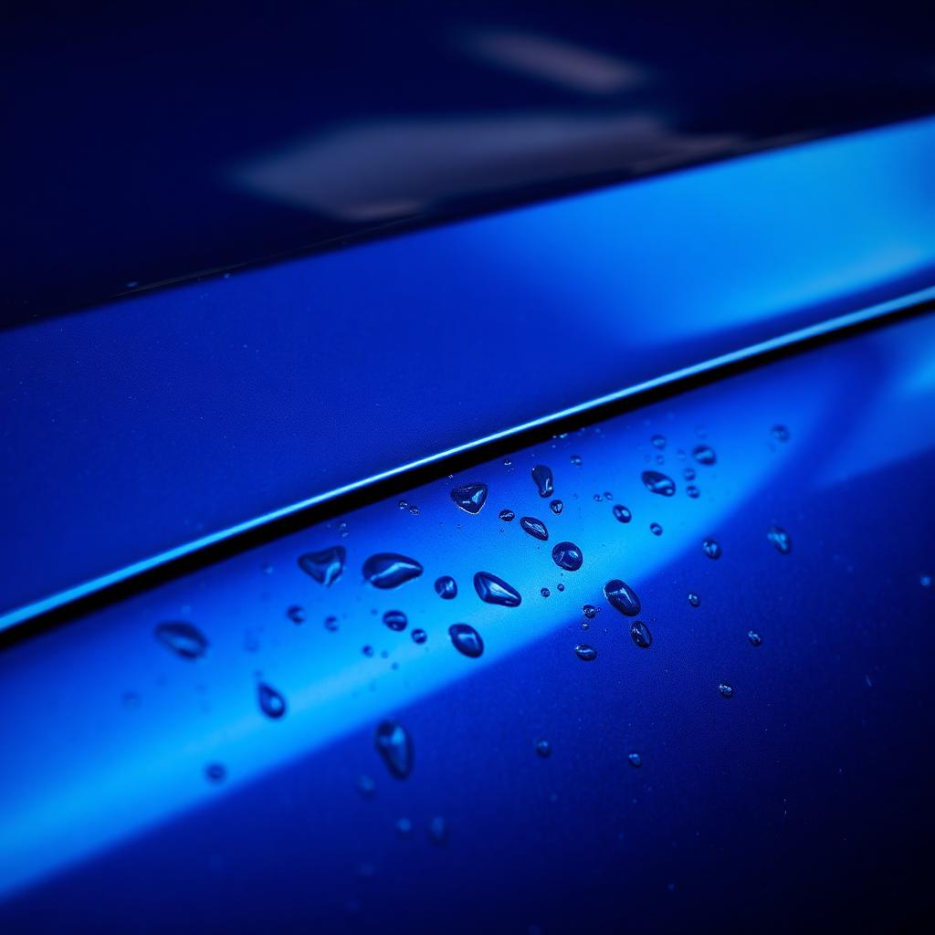 Water beading on freshly waxed blue paint