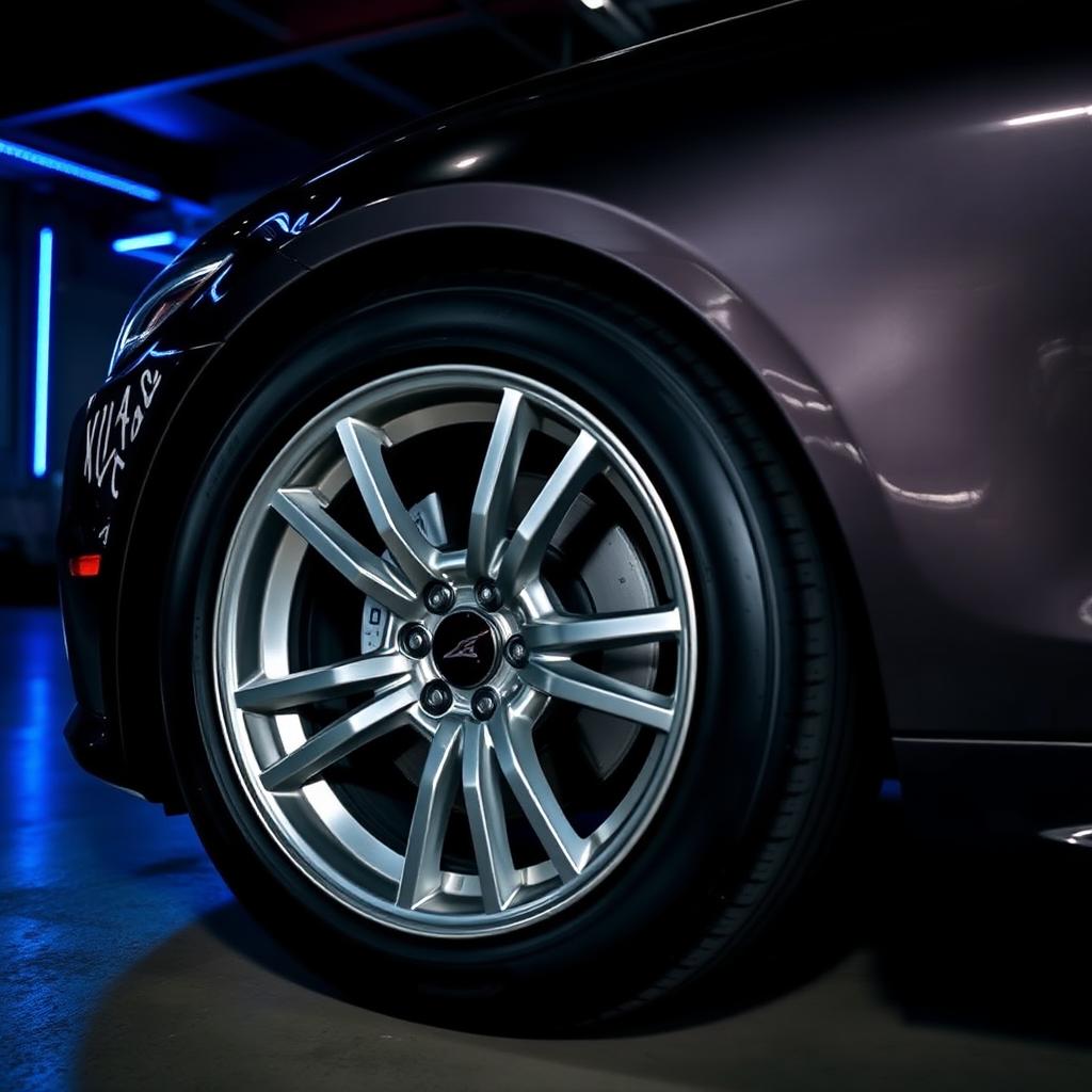 Freshly cleaned polished alloy wheel and dressed tire