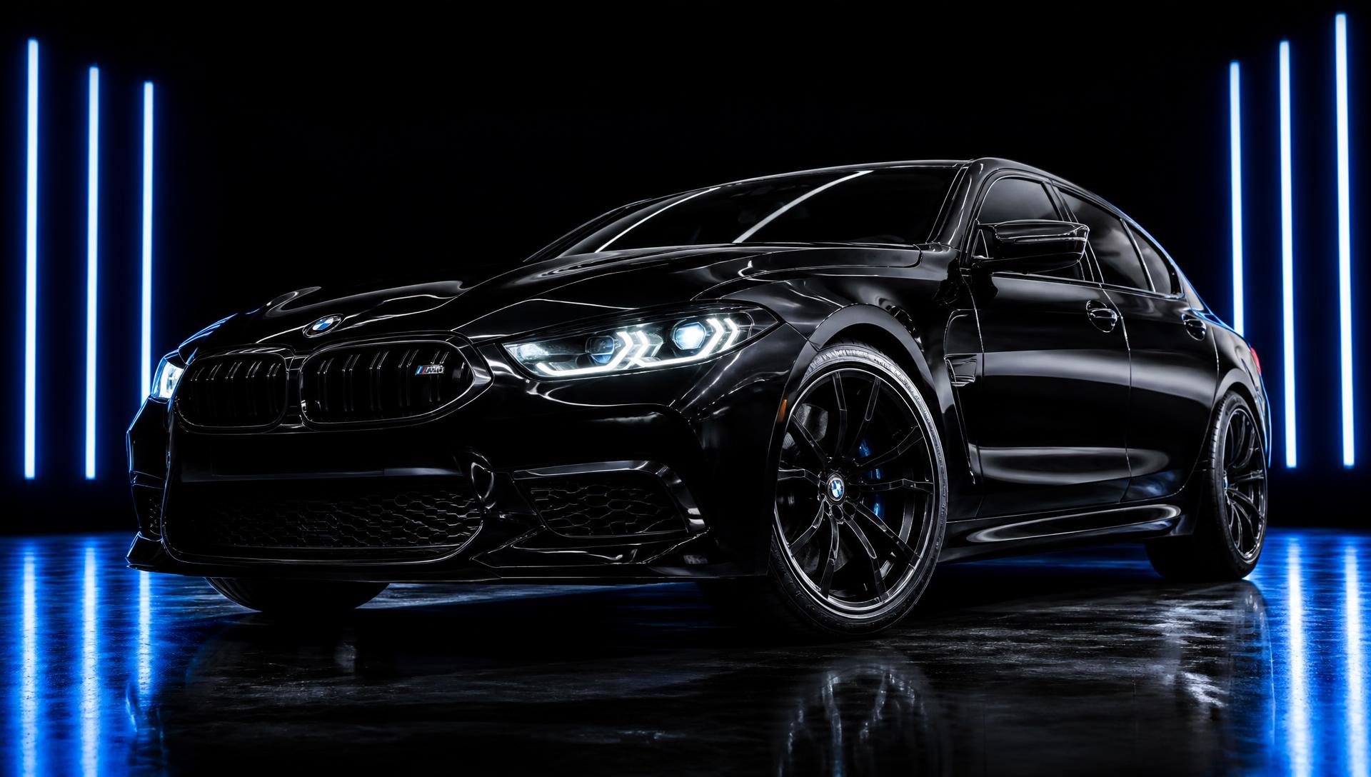 Freshly detailed glossy black luxury sedan under electric blue studio lighting